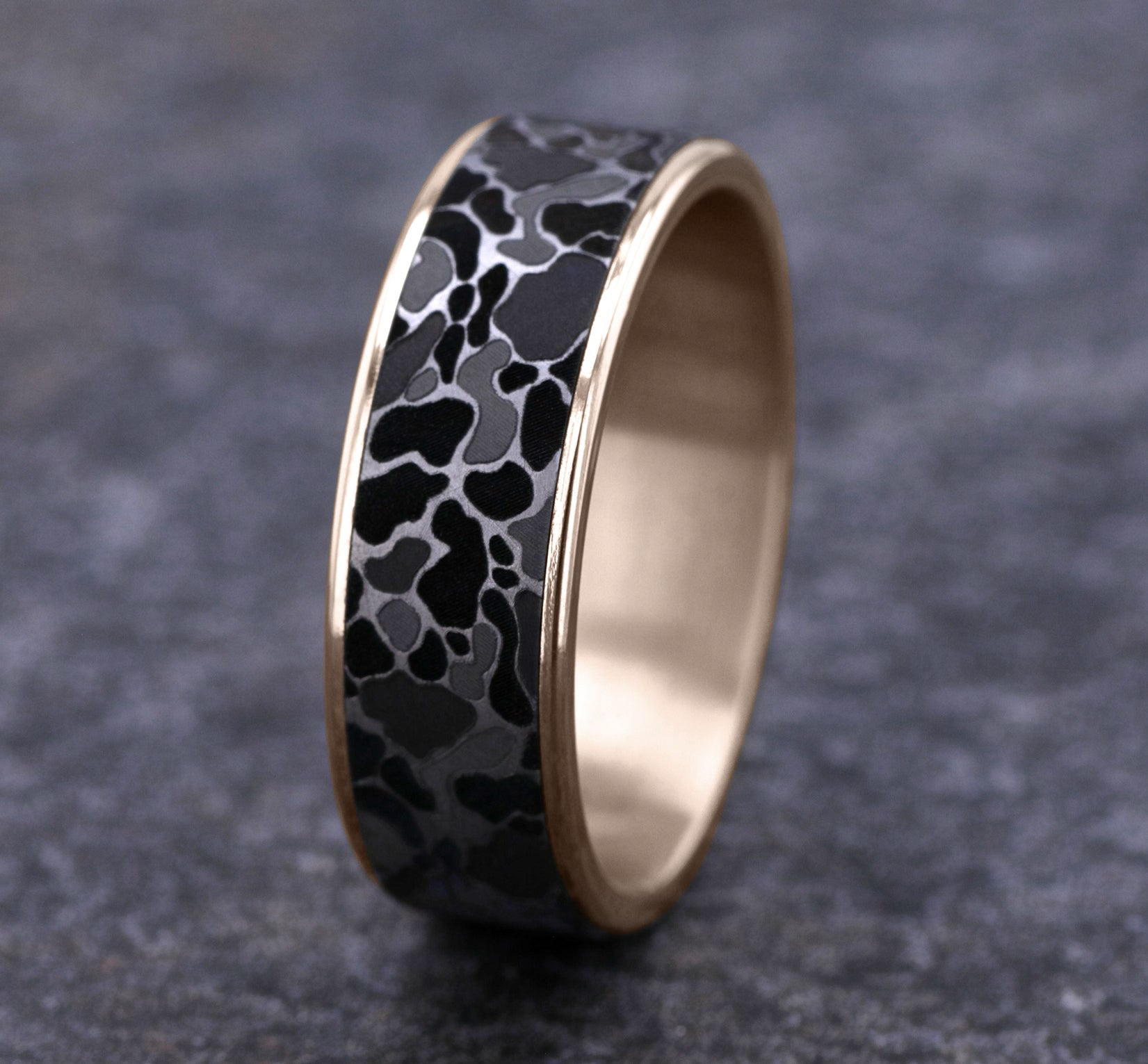 THE DUCK CAMO 7.5mm, Comfort fit, 14K Rose Gold and Grey Tantalum, Duck camo pattern, thin edges