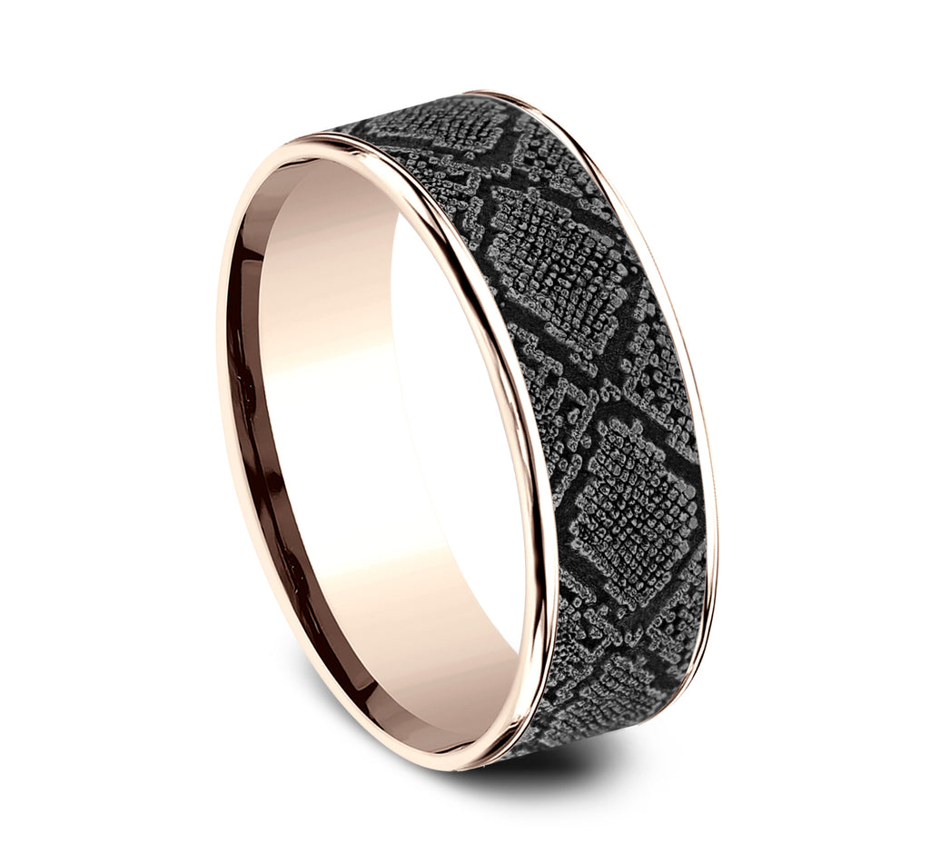 THE DIAMONDBACK 7.5mm, Comfort fit, 14K Rose Gold and Grey Tantalum, Snakeskin patterned center, thin edges