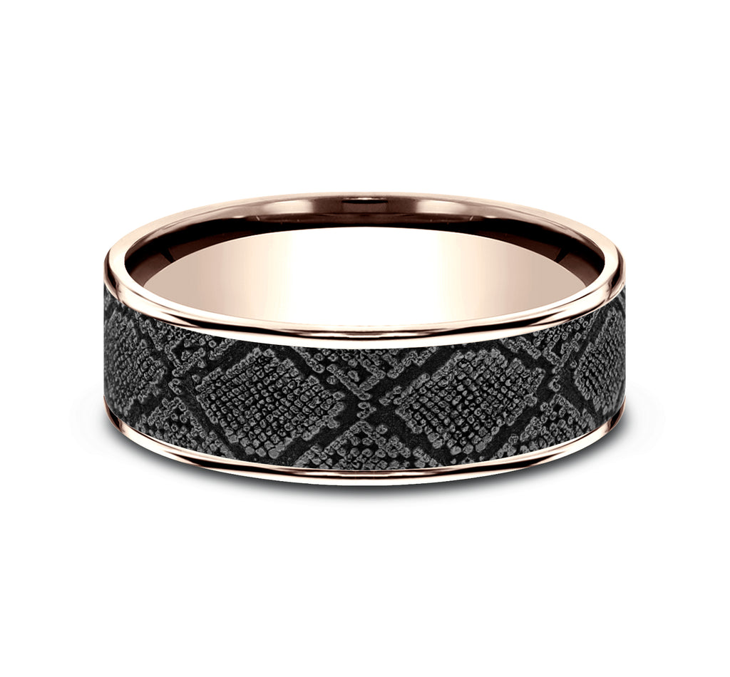THE DIAMONDBACK 7.5mm, Comfort fit, 14K Rose Gold and Grey Tantalum, Snakeskin patterned center, thin edges
