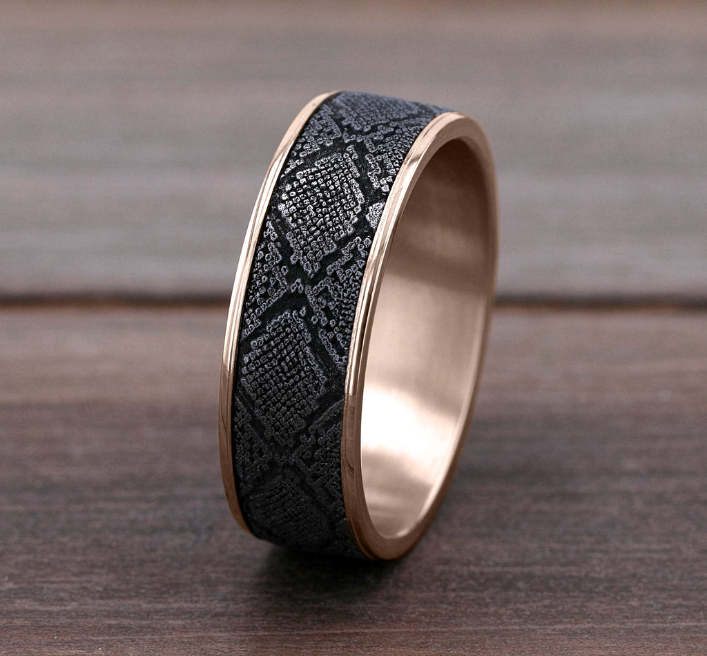 THE DIAMONDBACK 7.5mm, Comfort fit, 14K Rose Gold and Grey Tantalum, Snakeskin patterned center, thin edges