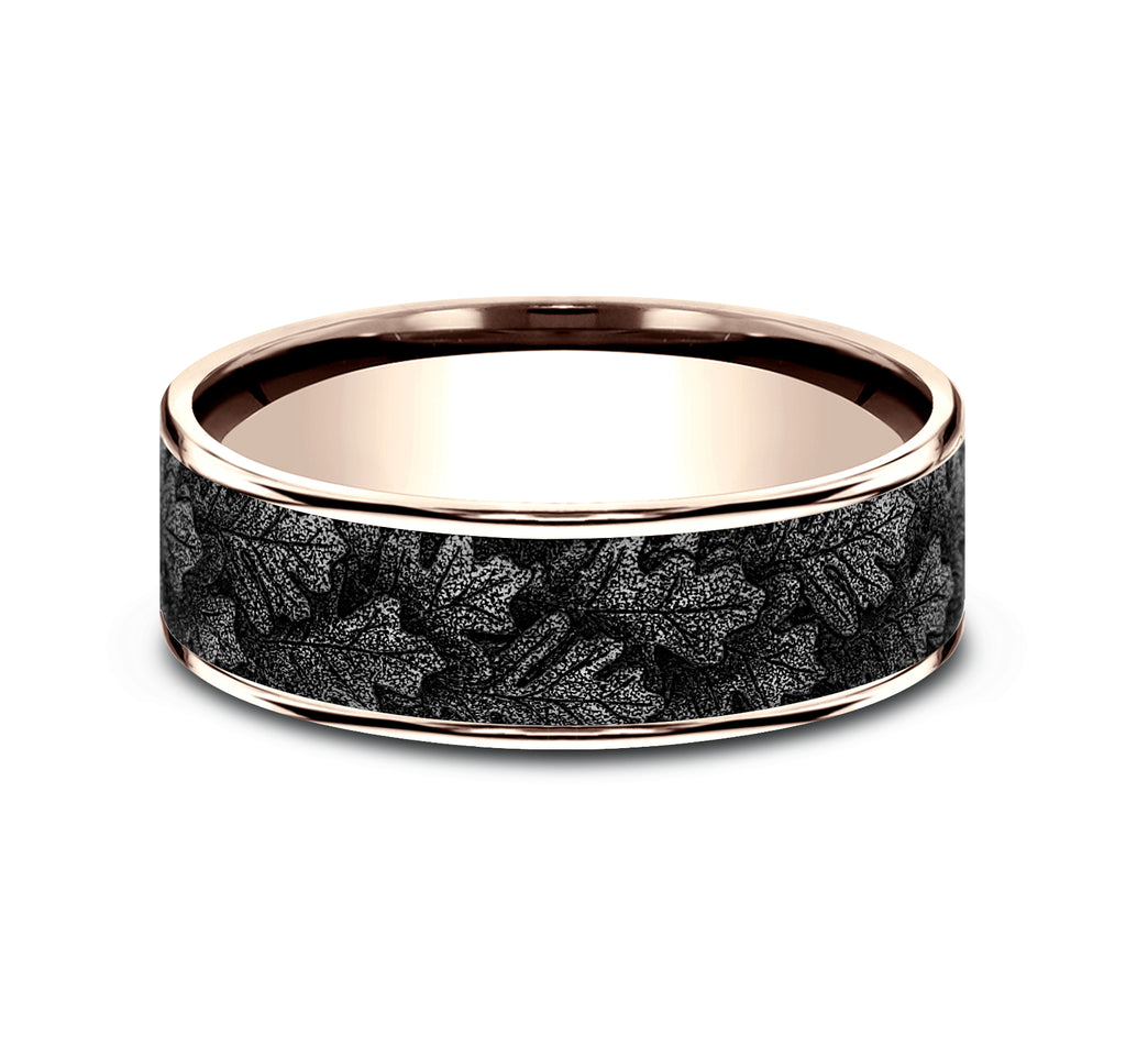 THE OAK 7.5mm, Comfort fit, 14K Rose Gold and Grey/Black Titanium, Oak leaf pattern, thin edges