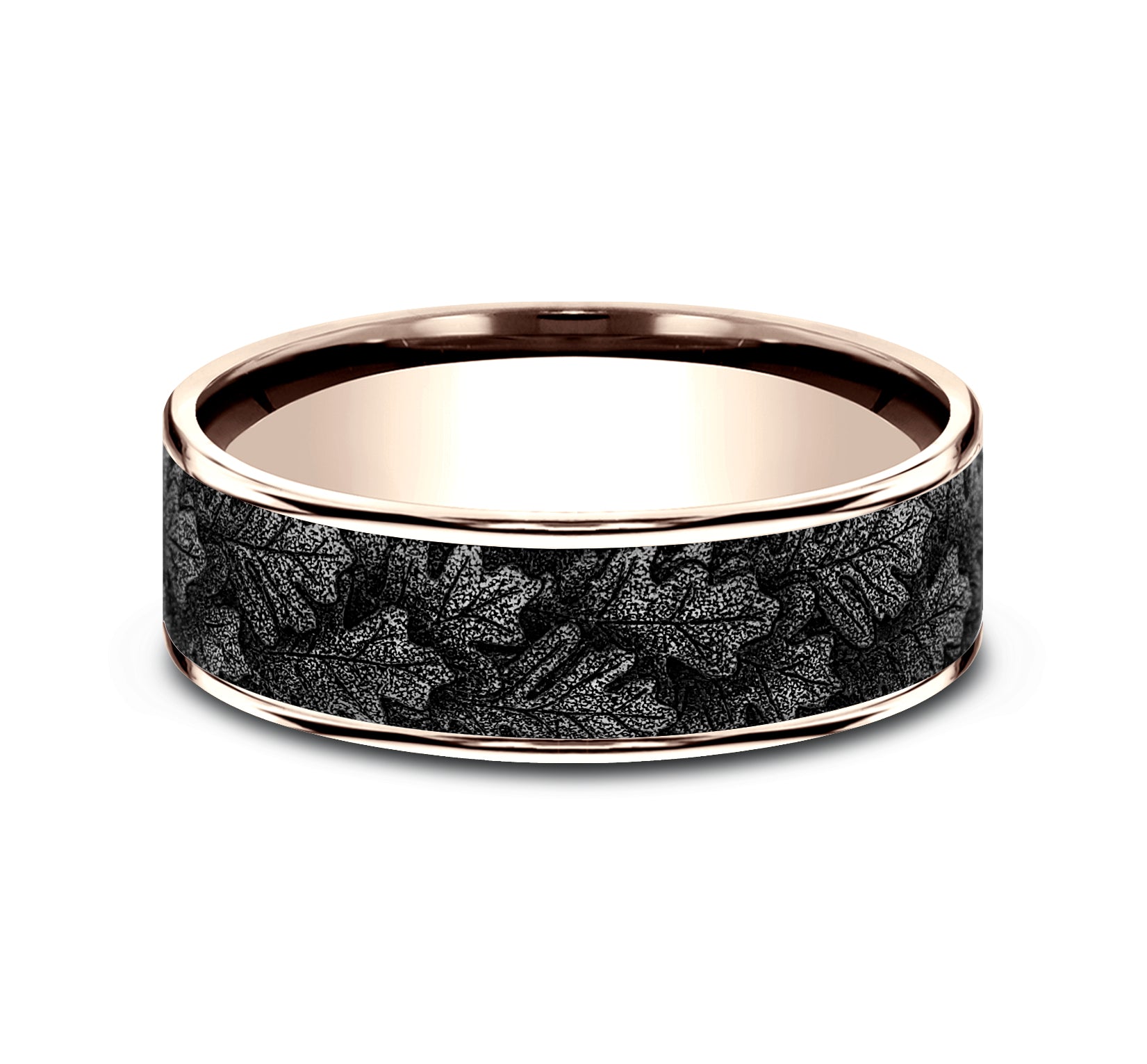 THE OAK 7.5mm, Comfort fit, 14K Rose Gold and Grey/Black Titanium, Oak leaf pattern, thin edges