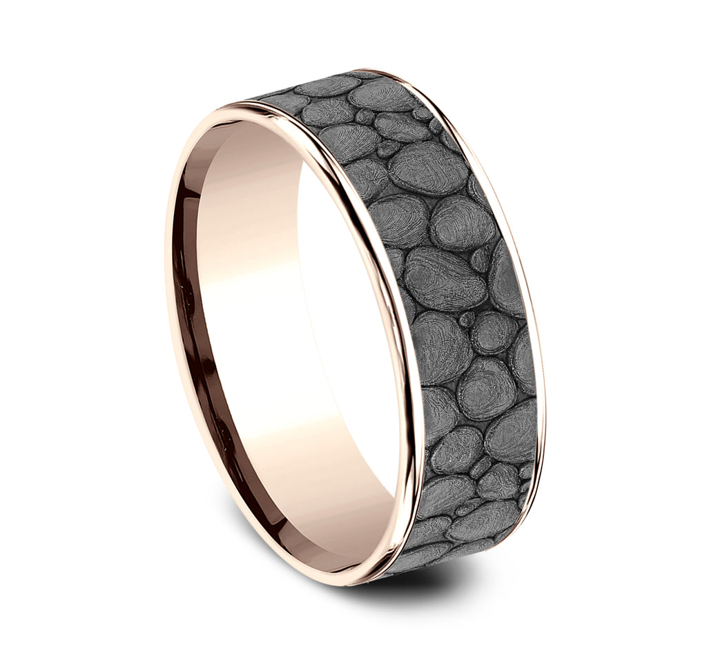 THE RIVER ROCK 7.5mm, Comfort fit, 14K Rose Gold and Grey Tantalum, River rock design, thin edges