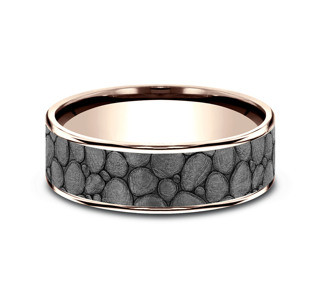 THE RIVER ROCK 7.5mm, Comfort fit, 14K Rose Gold and Grey Tantalum, River rock design, thin edges