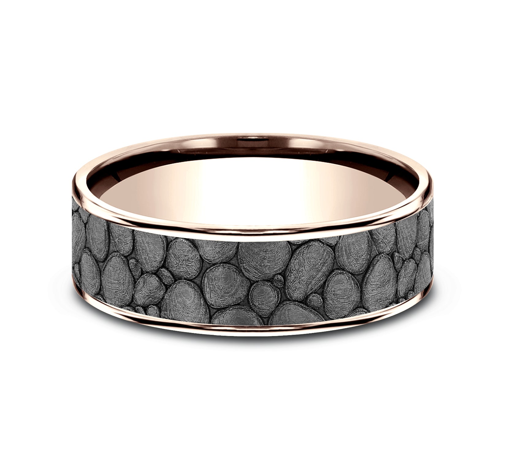 THE RIVER ROCK 7.5mm, Comfort fit, 14K Rose Gold and Grey Tantalum, River rock design, thin edges