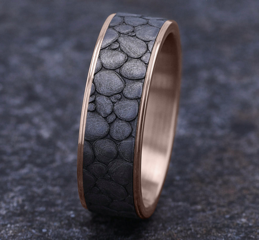 THE RIVER ROCK 7.5mm, Comfort fit, 14K Rose Gold and Grey Tantalum, River rock design, thin edges