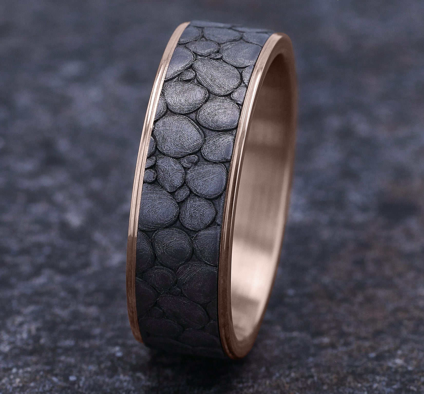 THE RIVER ROCK 7.5mm, Comfort fit, 14K Rose Gold and Grey Tantalum, River rock design, thin edges