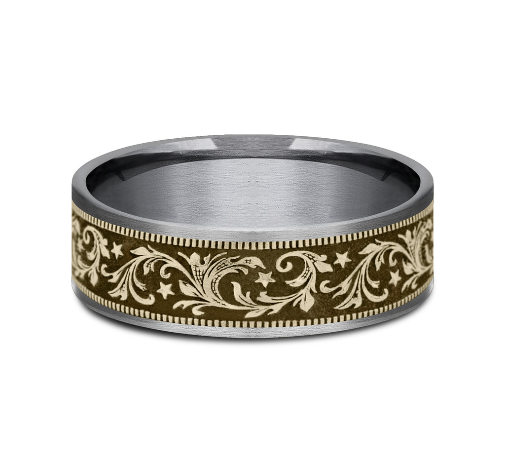 THE SPUR 7.5mm, Comfort fit, Grey Tantalum and 14K Yellow Gold, Barrel script pattern, thin edges