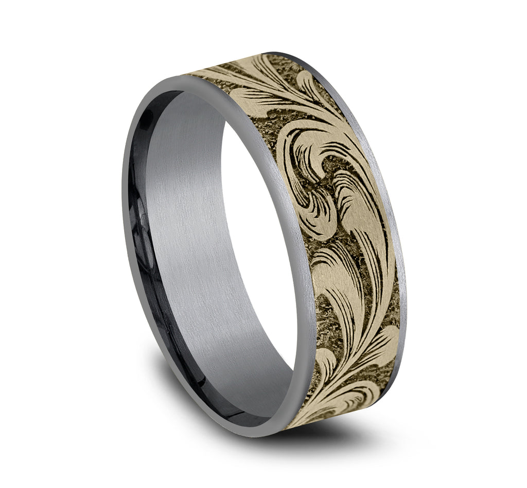 THE BARREL SCRIPT 7.5mm, Comfort fit, Grey Tantalum and 14K Yellow Gold, Large barrel script pattern, thin edges