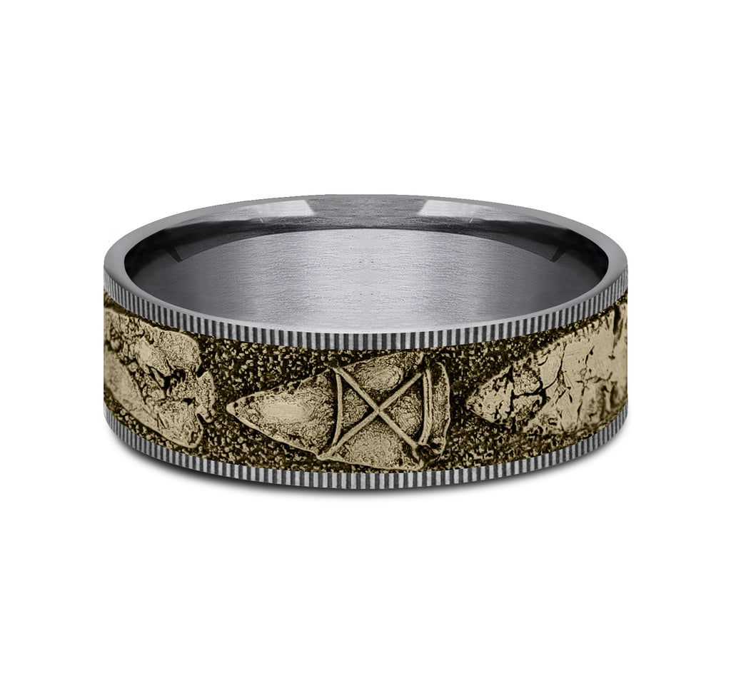 THE ARROWHEAD 7.5mm, Comfort fit, Grey Tantalum and 14K Yellow Gold, Arrowhead pattern, thin edges
