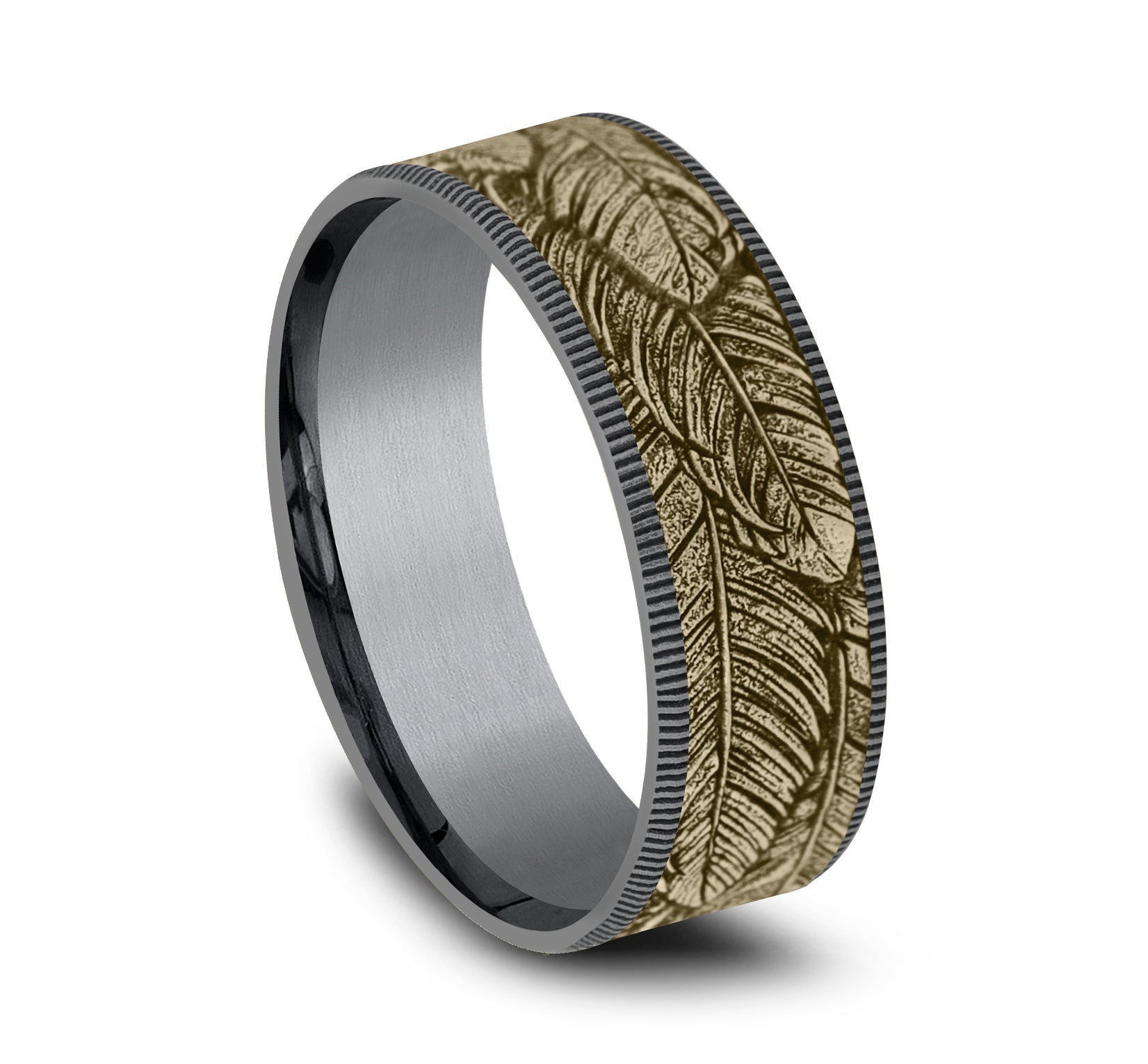 THE COVEY 7.5mm, Comfort fit, Grey Tantalum and 14K Yellow Gold, Feather pattern, thin edges
