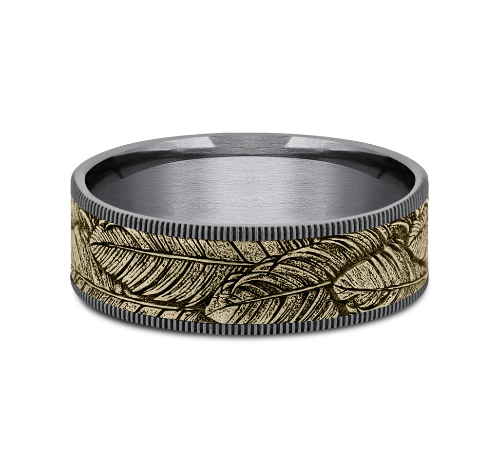 THE COVEY 7.5mm, Comfort fit, Grey Tantalum and 14K Yellow Gold, Feather pattern, thin edges