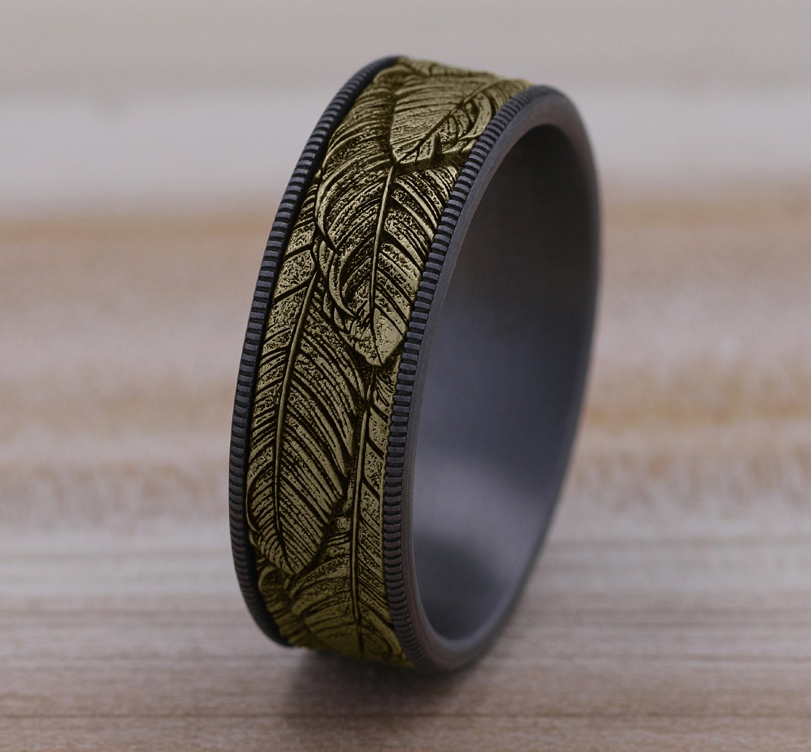 THE COVEY 7.5mm, Comfort fit, Grey Tantalum and 14K Yellow Gold, Feather pattern, thin edges