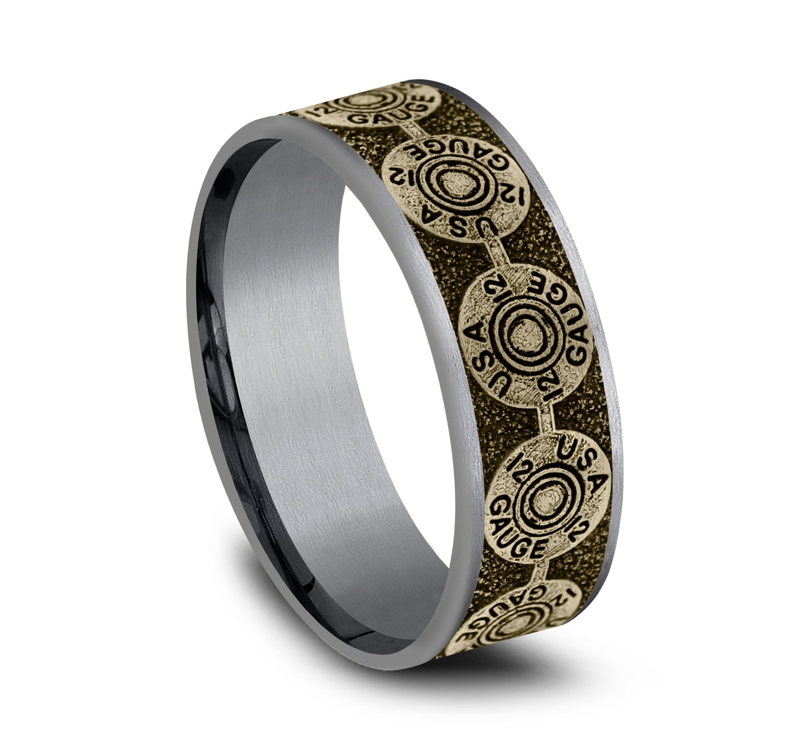 THE 12 GAUGE 7.5mm, Comfort fit, Grey Tantalum and 14K Yellow Gold, 12GA bullet back patterned center, thin edges