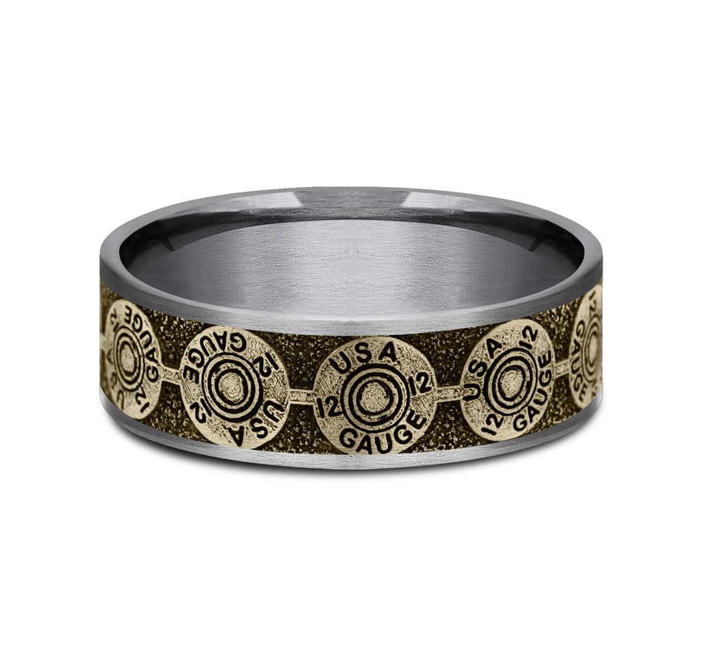 THE 12 GAUGE 7.5mm, Comfort fit, Grey Tantalum and 14K Yellow Gold, 12GA bullet back patterned center, thin edges