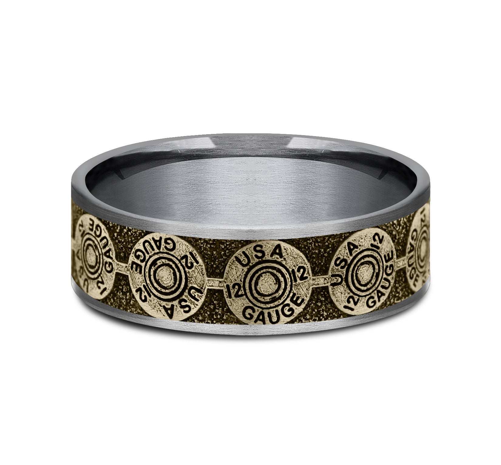 THE 12 GAUGE 7.5mm, Comfort fit, Grey Tantalum and 14K Yellow Gold, 12GA bullet back patterned center, thin edges