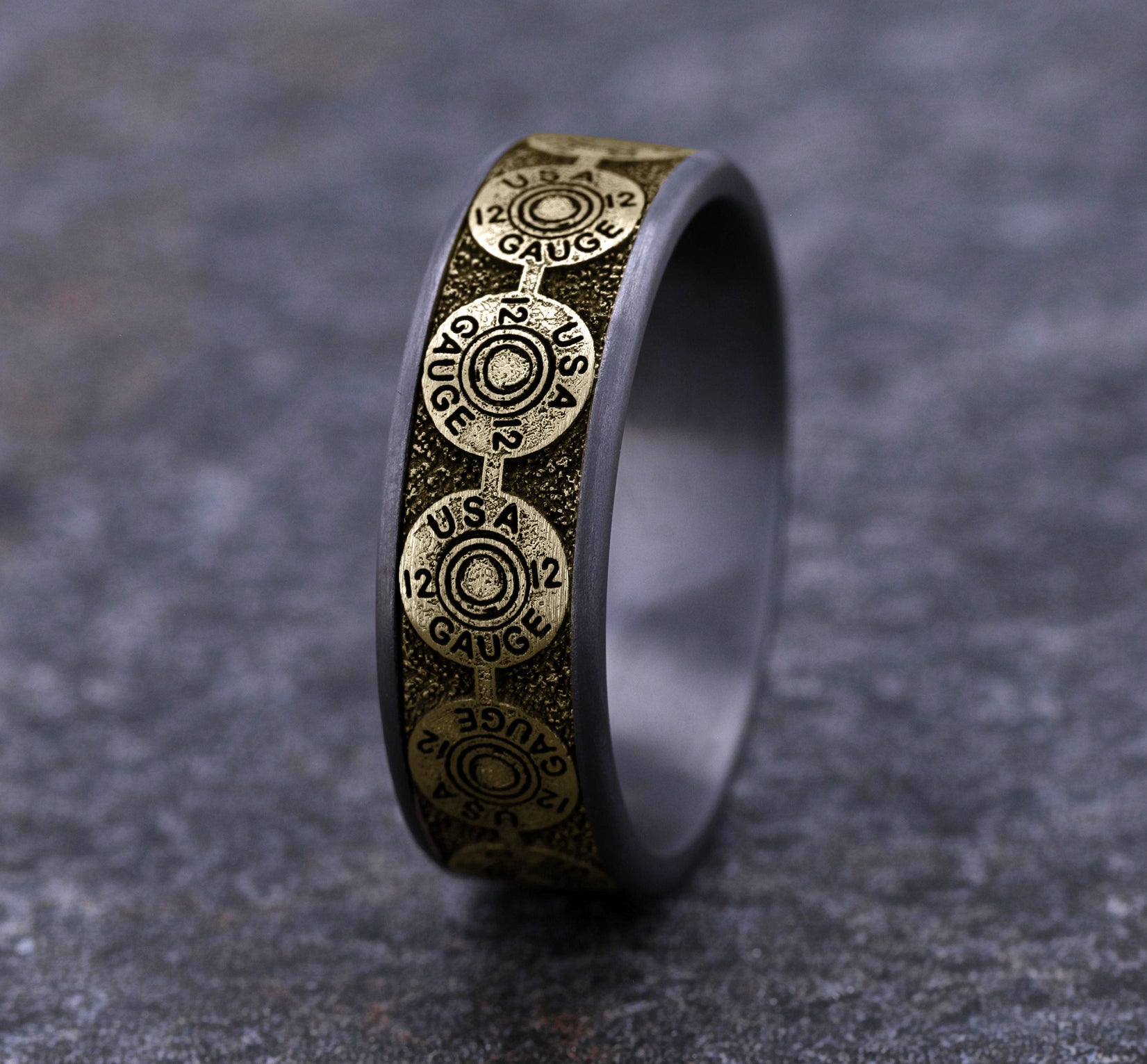 THE 12 GAUGE 7.5mm, Comfort fit, Grey Tantalum and 14K Yellow Gold, 12GA bullet back patterned center, thin edges
