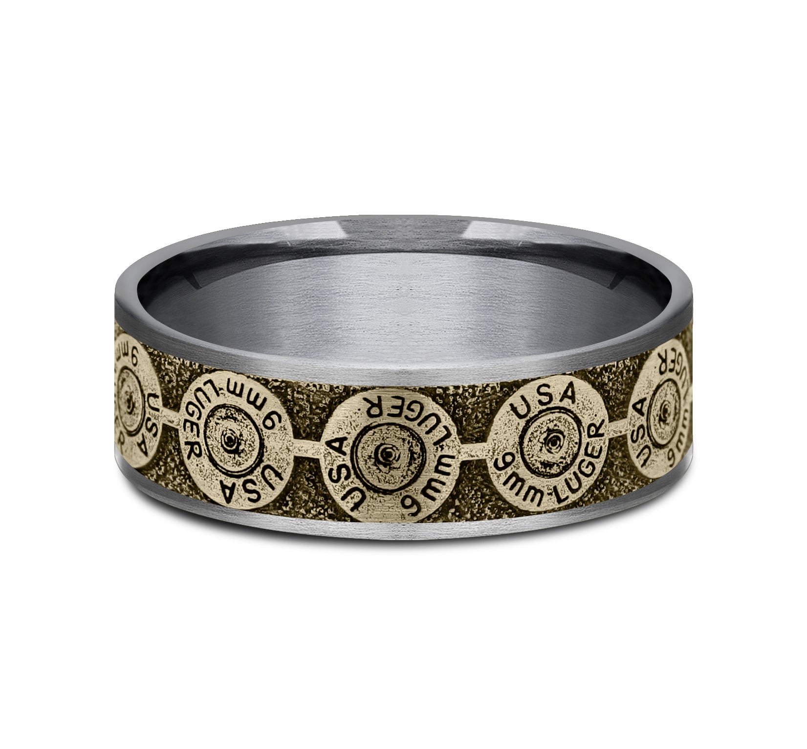 THE 9MM 7.5mm, Comfort fit, Grey Tantalum and 14K Yellow Gold, 9mm bullet back patterned center, thin edges