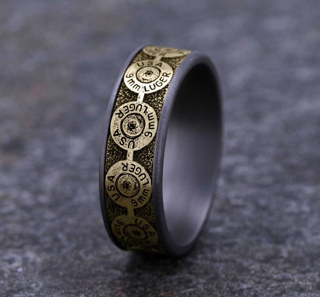 THE 9MM 7.5mm, Comfort fit, Grey Tantalum and 14K Yellow Gold, 9mm bullet back patterned center, thin edges