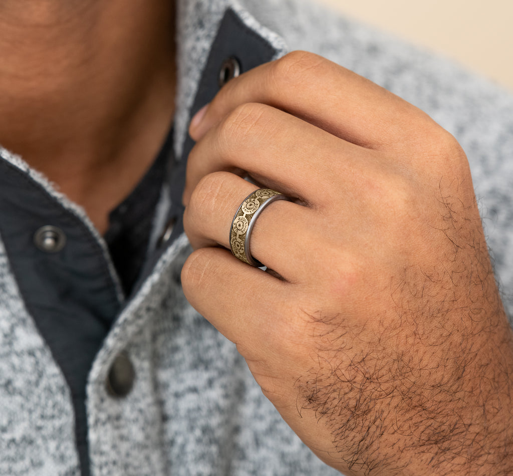 THE 9MM 7.5mm, Comfort fit, Grey Tantalum and 14K Yellow Gold, 9mm bullet back patterned center, thin edges