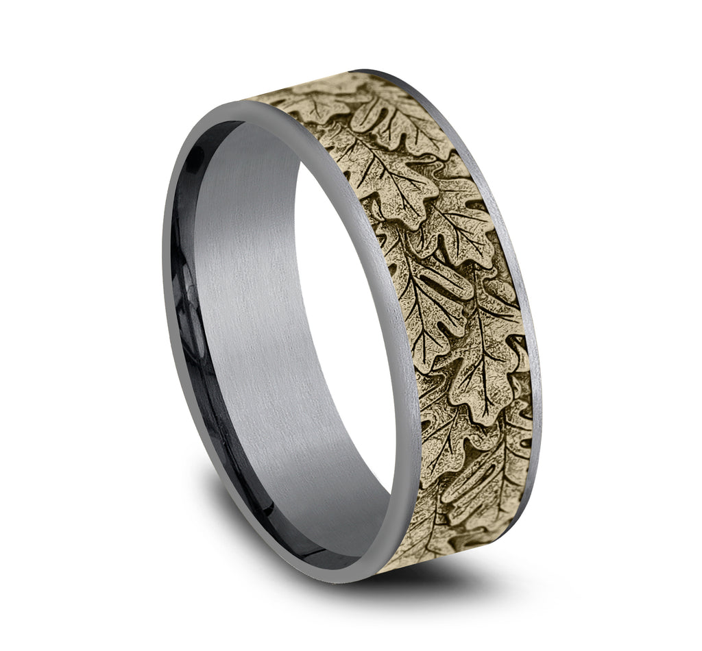 THE OAK 7.5mm, Comfort fit, Grey Tantalum and 14K Yellow Gold, Oak leaf pattern, thin edges