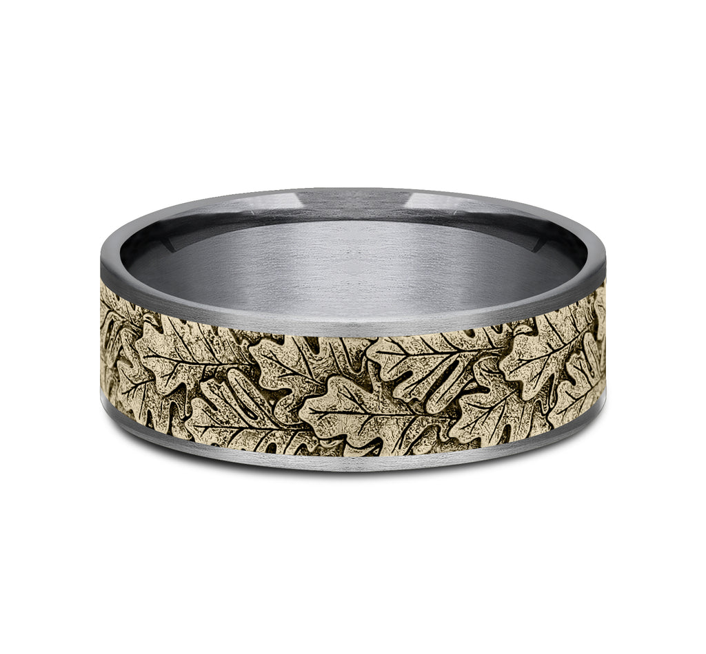 THE OAK 7.5mm, Comfort fit, Grey Tantalum and 14K Yellow Gold, Oak leaf pattern, thin edges