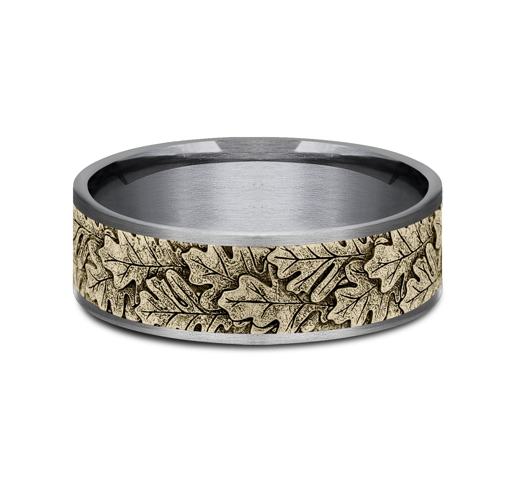 THE OAK 7.5mm, Comfort fit, Grey Tantalum and 14K Yellow Gold, Oak leaf pattern, thin edges