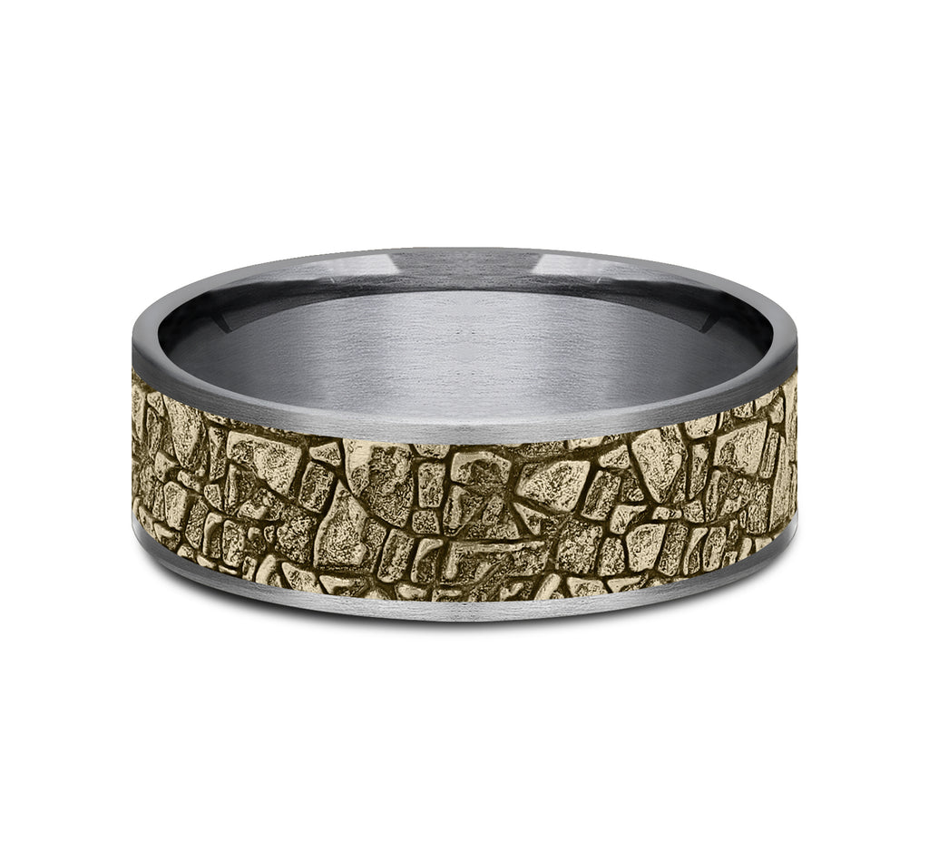 THE FLAGSTONE 7.5mm, Comfort fit, Grey Tantalum and 14K Yellow Gold, Mountain rock pattern, thin edges