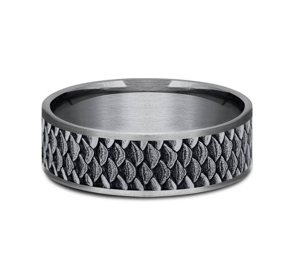 THE ANGLER 7.5mm, Comfort fit, Grey Tantalum and 14K White Gold, Fish scale patterned center, thin edges