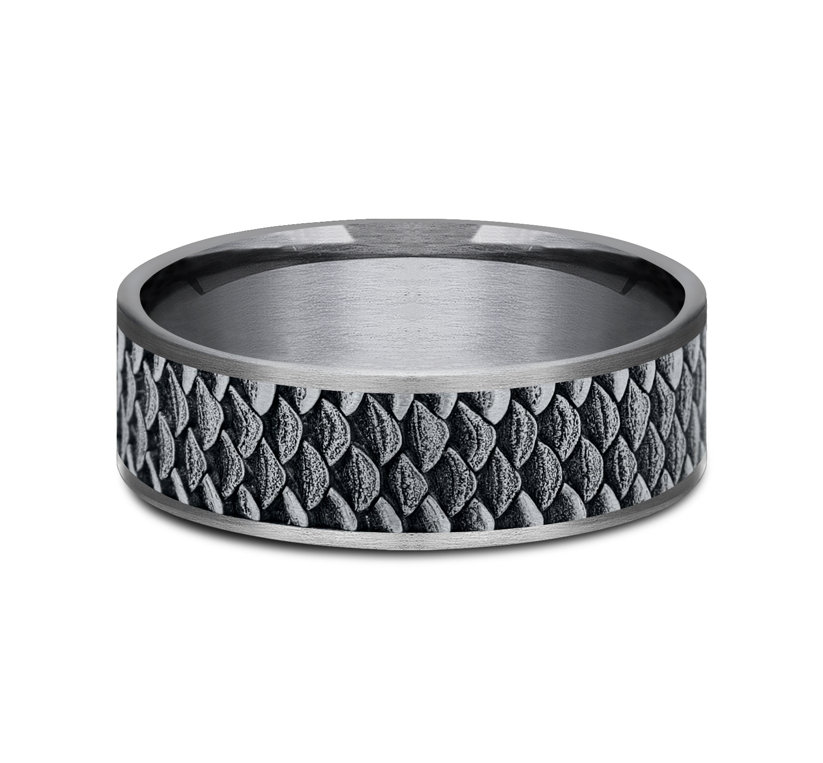 THE ANGLER 7.5mm, Comfort fit, Grey Tantalum and 14K White Gold, Fish scale patterned center, thin edges