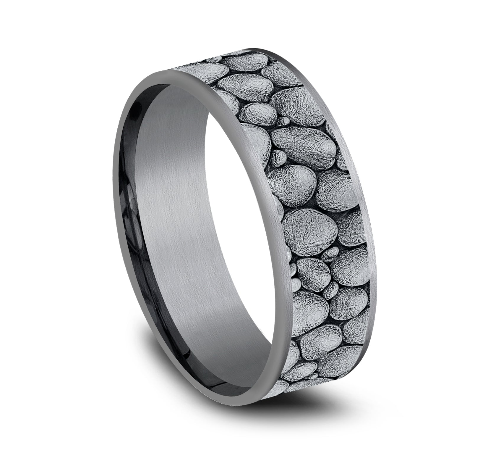 THE RIVER ROCK 7.5mm, Comfort fit, Grey Tantalum and 14K White Gold, River rock design, thin edges