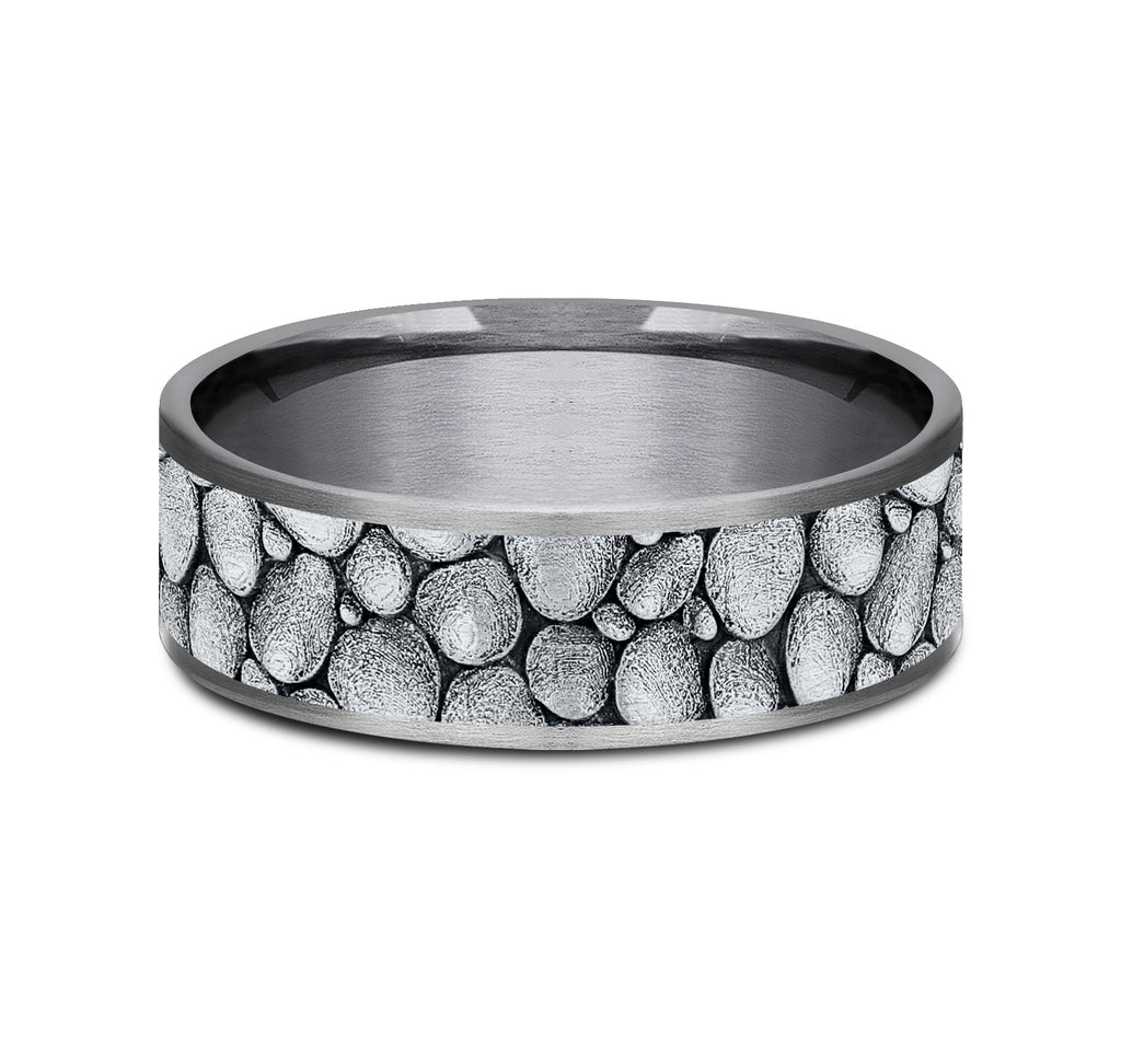 THE RIVER ROCK 7.5mm, Comfort fit, Grey Tantalum and 14K White Gold, River rock design, thin edges