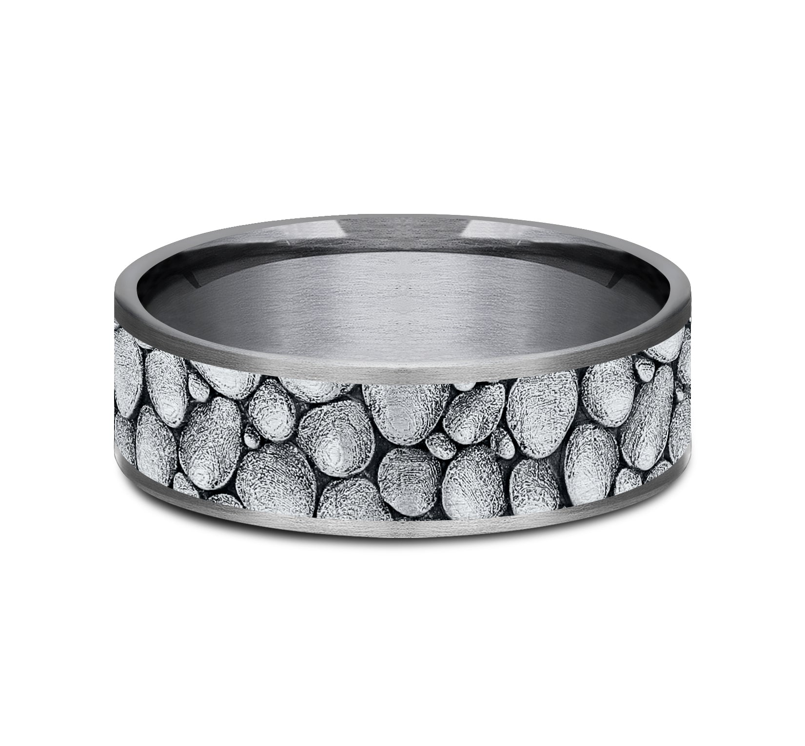 THE RIVER ROCK 7.5mm, Comfort fit, Grey Tantalum and 14K White Gold, River rock design, thin edges
