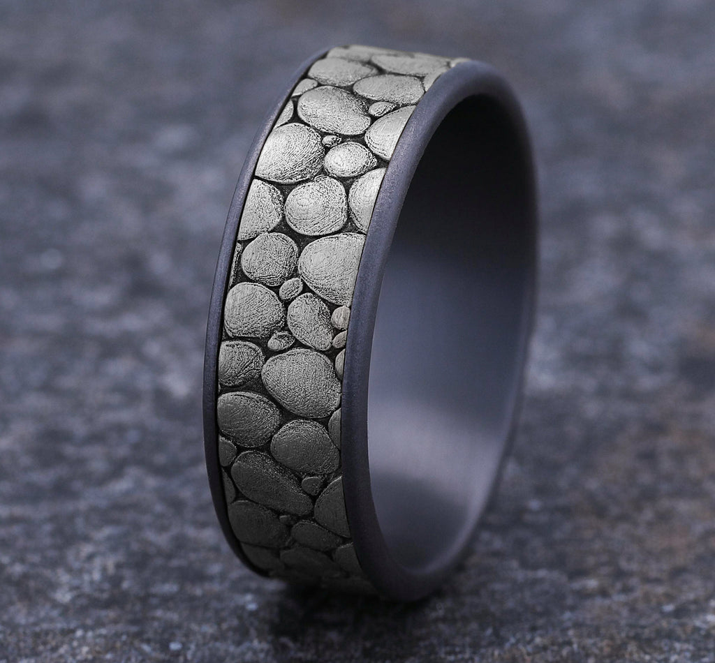 THE RIVER ROCK 7.5mm, Comfort fit, Grey Tantalum and 14K White Gold, River rock design, thin edges