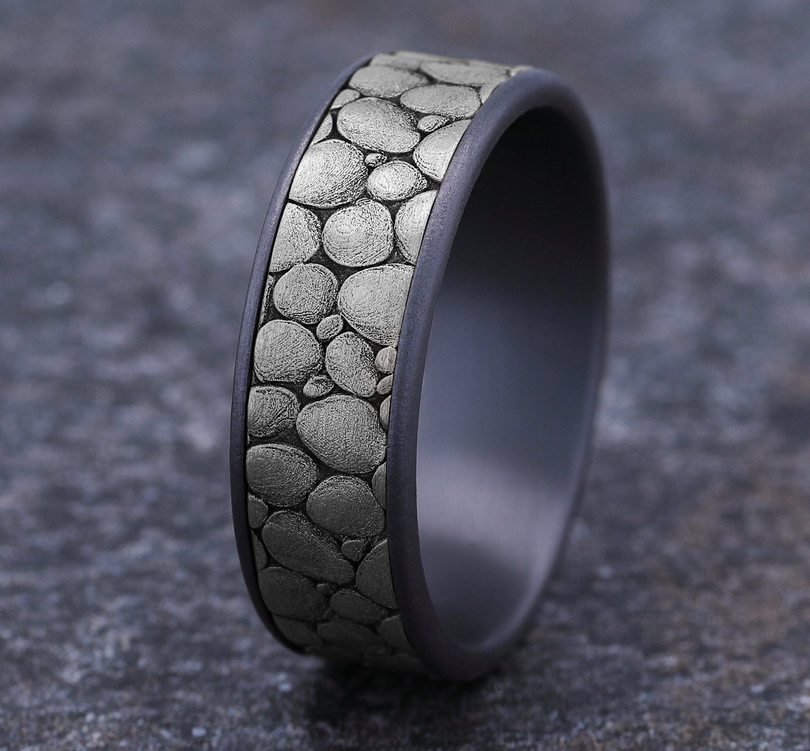 THE RIVER ROCK 7.5mm, Comfort fit, Grey Tantalum and 14K White Gold, River rock design, thin edges