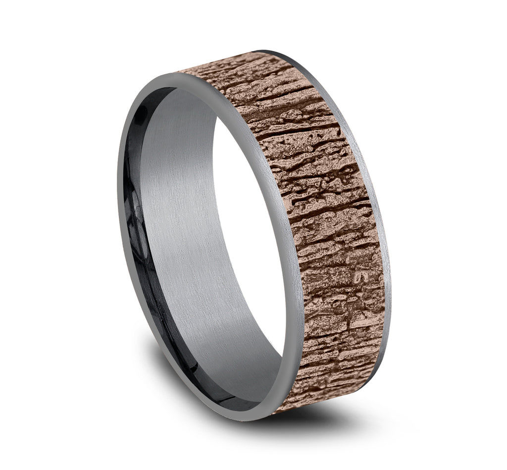 THE HAZEL 7.5mm, Comfort fit, Grey Tantalum and 14K Rose Gold, Tree bark pattern, thin edges
