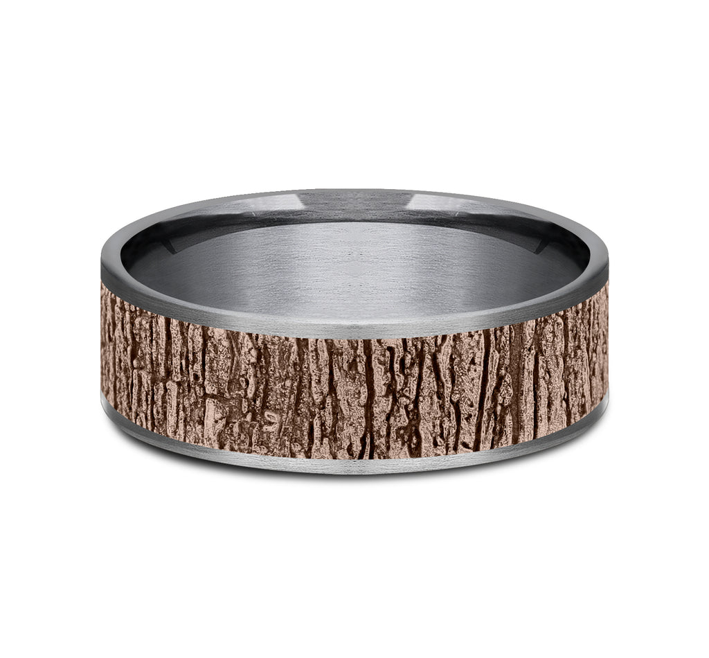 THE HAZEL 7.5mm, Comfort fit, Grey Tantalum and 14K Rose Gold, Tree bark pattern, thin edges