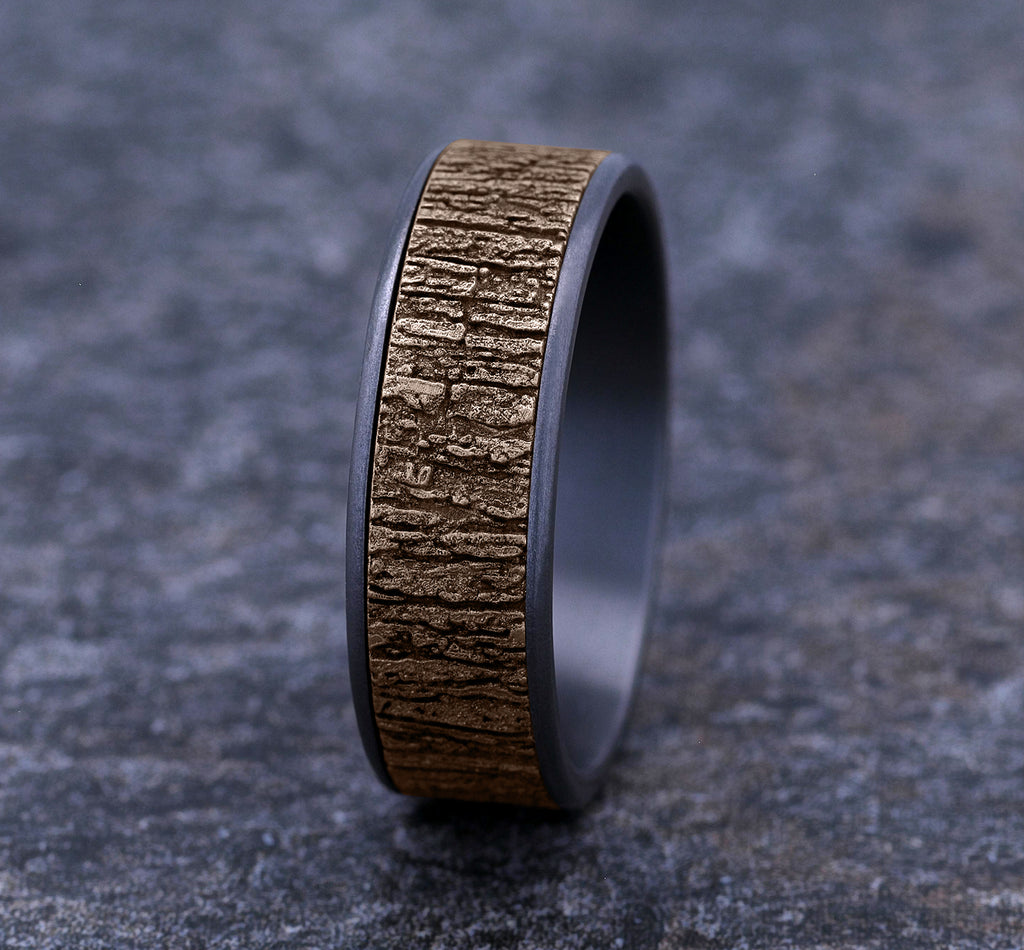 THE HAZEL 7.5mm, Comfort fit, Grey Tantalum and 14K Rose Gold, Tree bark pattern, thin edges