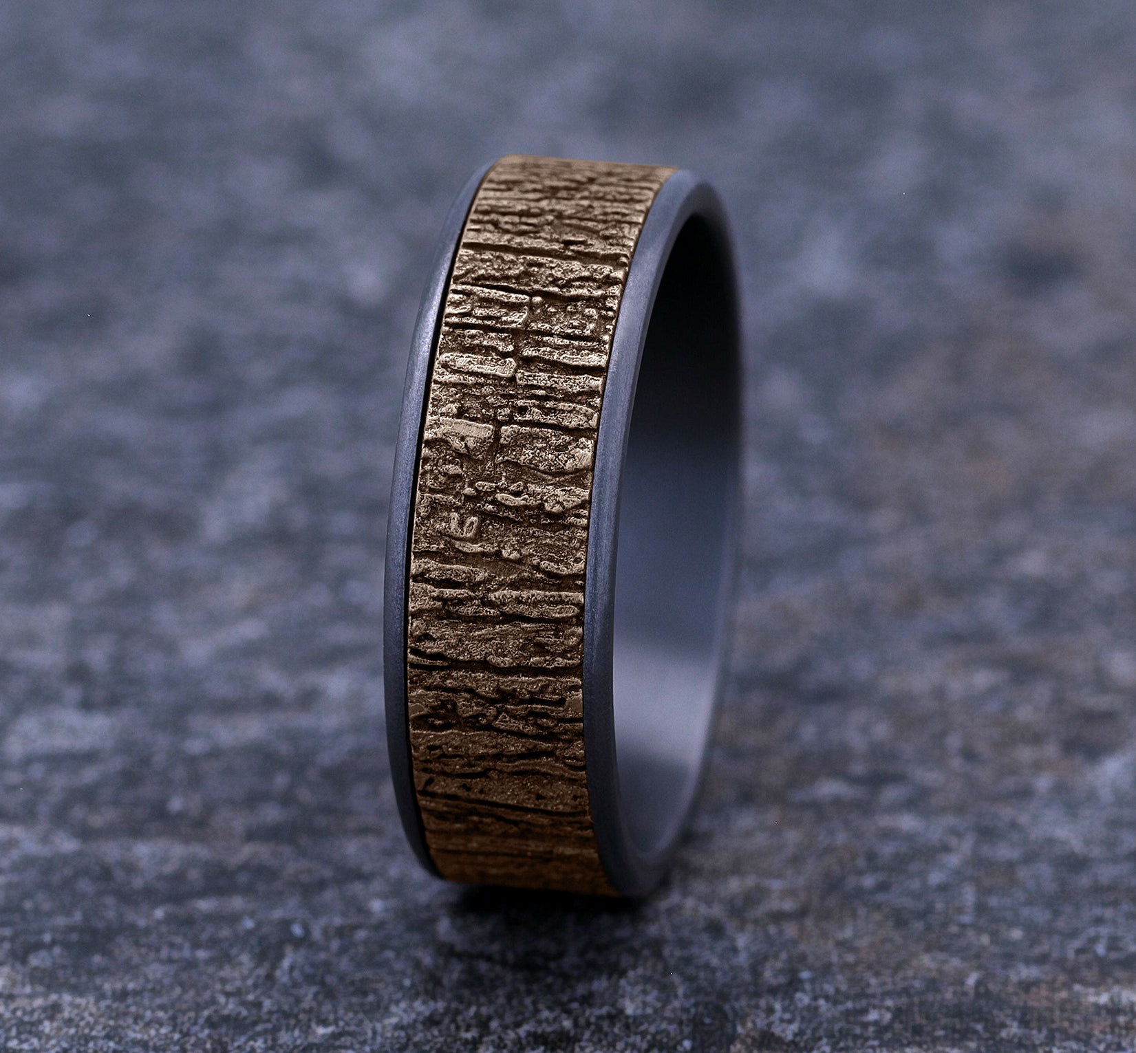 THE HAZEL 7.5mm, Comfort fit, Grey Tantalum and 14K Rose Gold, Tree bark pattern, thin edges