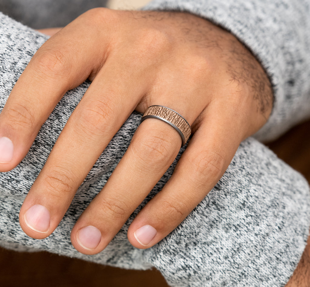 THE HAZEL 7.5mm, Comfort fit, Grey Tantalum and 14K Rose Gold, Tree bark pattern, thin edges