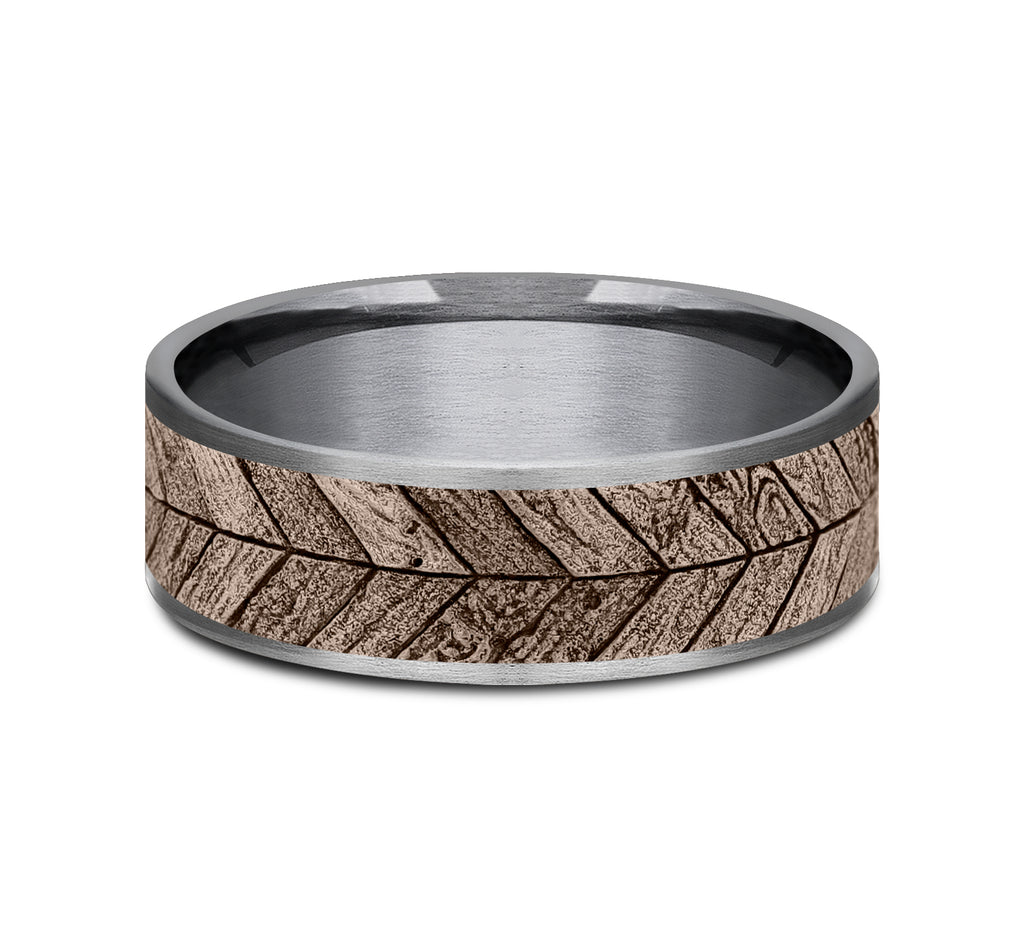 THE CHEVRON 7.5mm, Comfort fit, Grey Tantalum and 14K Rose Gold, Chevron wood patterned center, thin edges