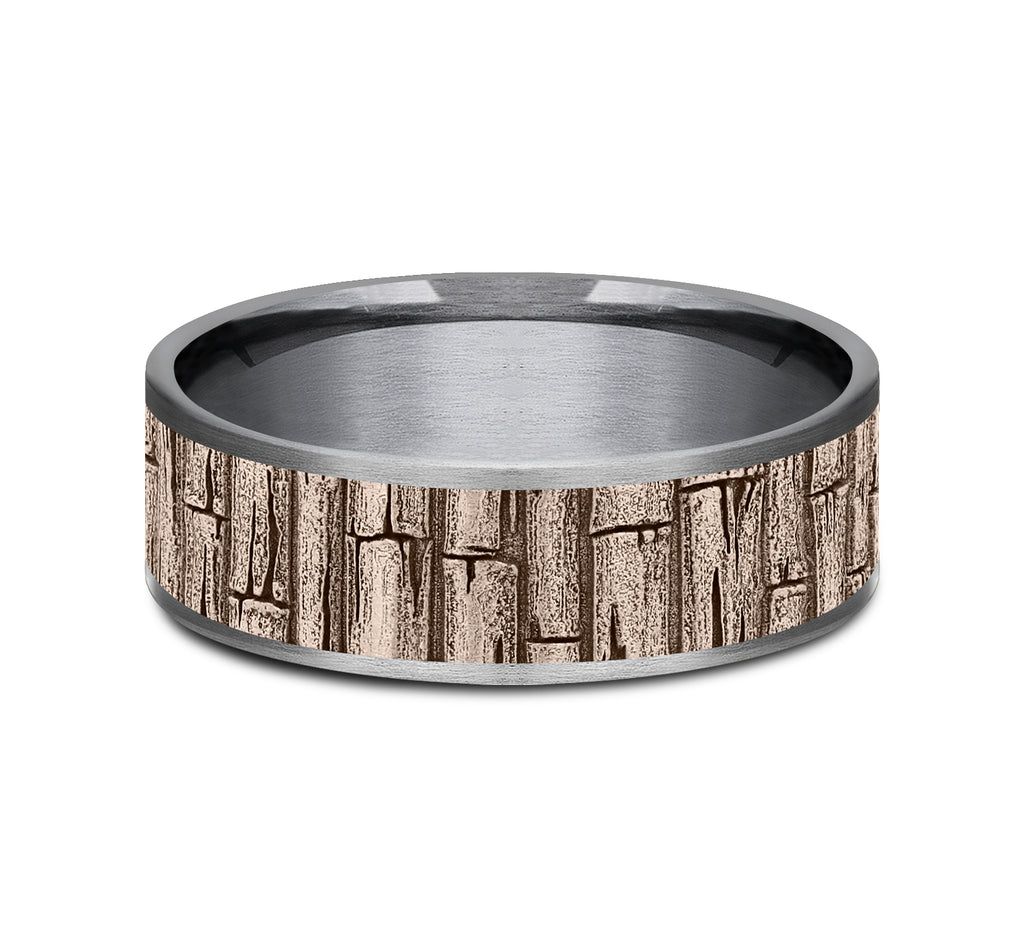 THE BAMBOO 7.5mm, Comfort fit, Grey Tantalum and 14K Rose Gold, Bamboo pattern, thin edges