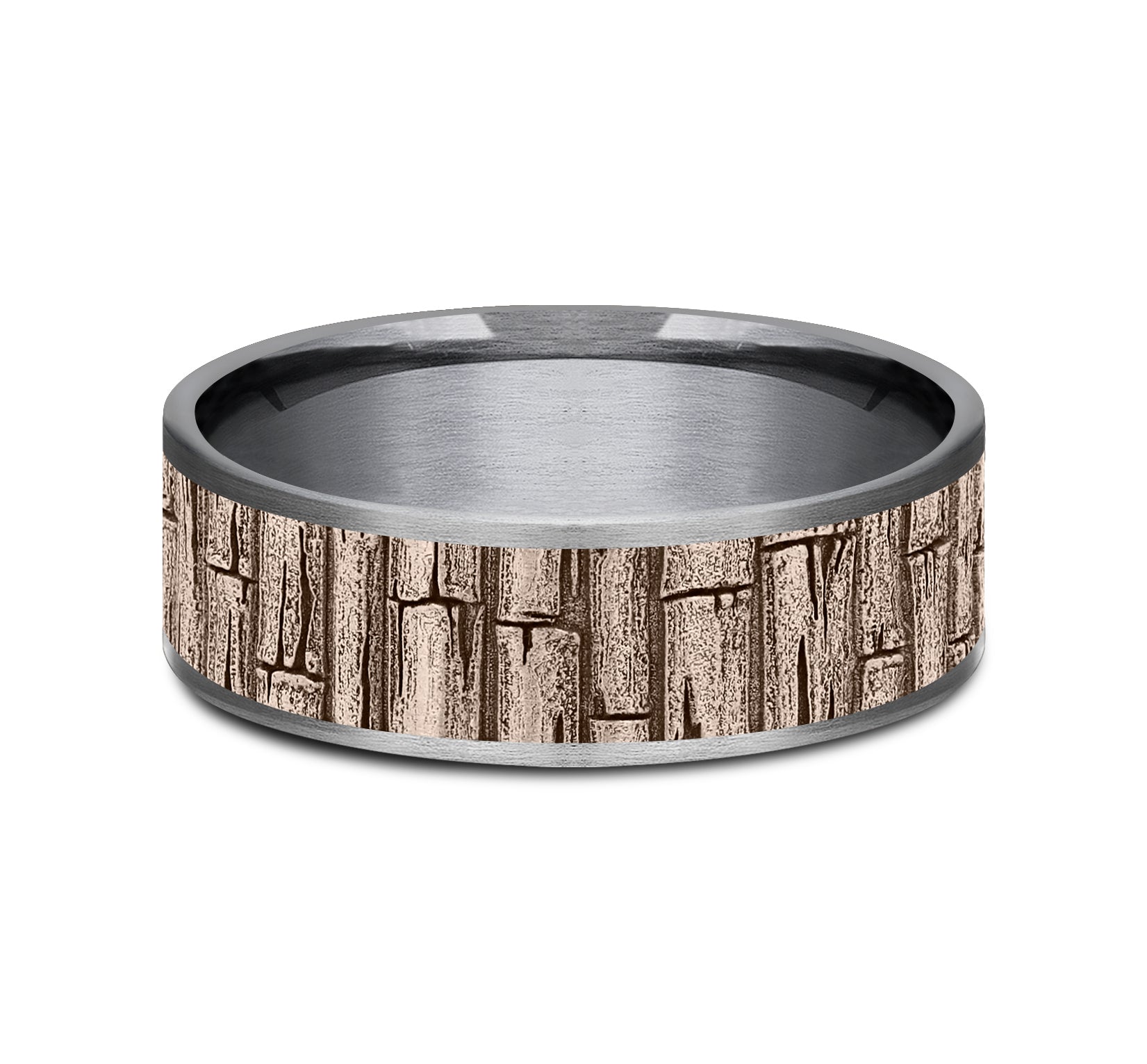 THE BAMBOO 7.5mm, Comfort fit, Grey Tantalum and 14K Rose Gold, Bamboo pattern, thin edges