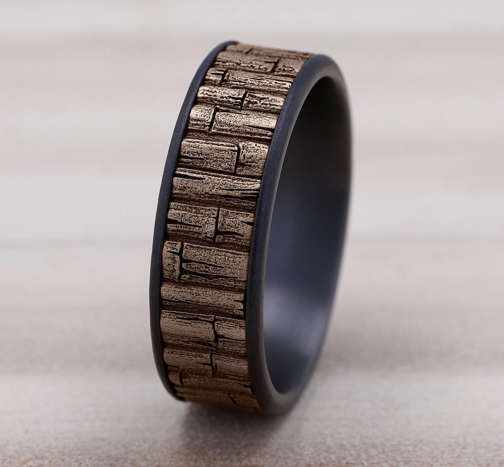 THE BAMBOO 7.5mm, Comfort fit, Grey Tantalum and 14K Rose Gold, Bamboo pattern, thin edges