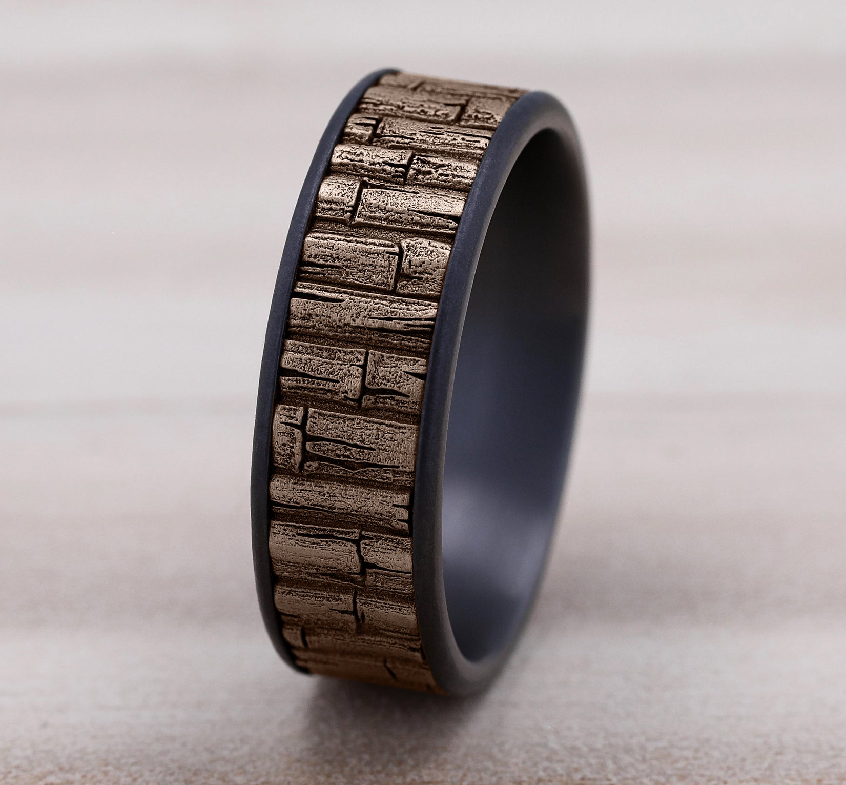 THE BAMBOO 7.5mm, Comfort fit, Grey Tantalum and 14K Rose Gold, Bamboo pattern, thin edges