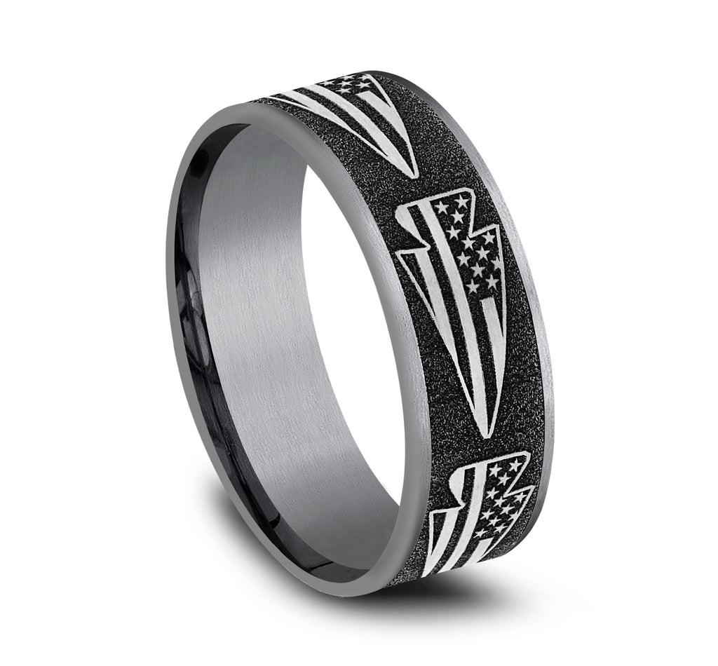 THE AMERICAN 7.5mm, Comfort fit, Grey Tantalum and Grey-Black Titanium, American flag arrow design, thin edges