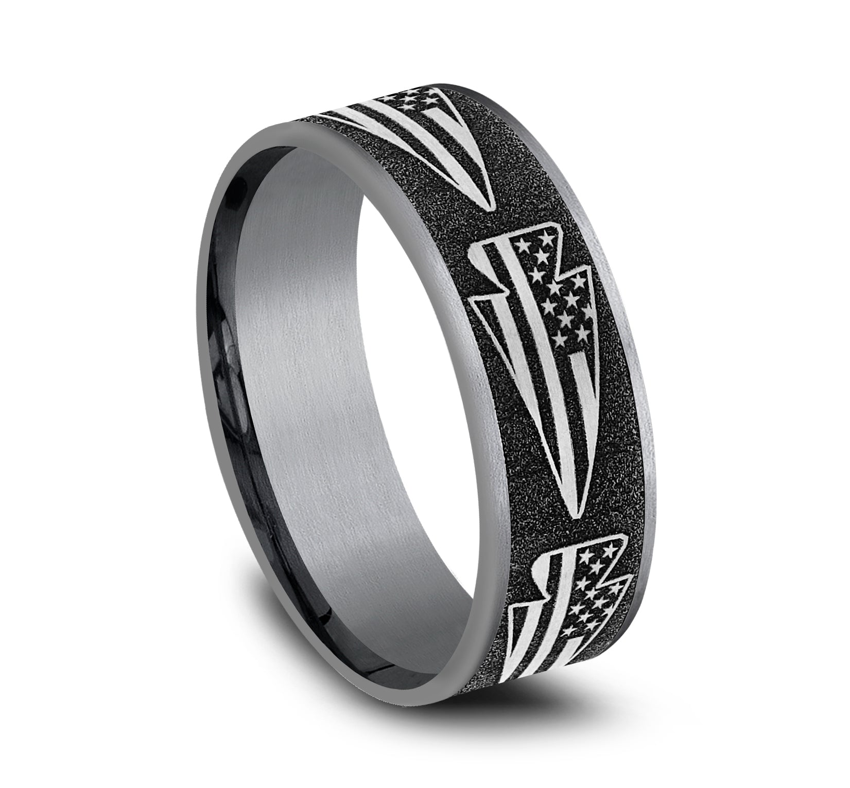 THE AMERICAN 7.5mm, Comfort fit, Grey Tantalum and Grey-Black Titanium, American flag arrow design, thin edges