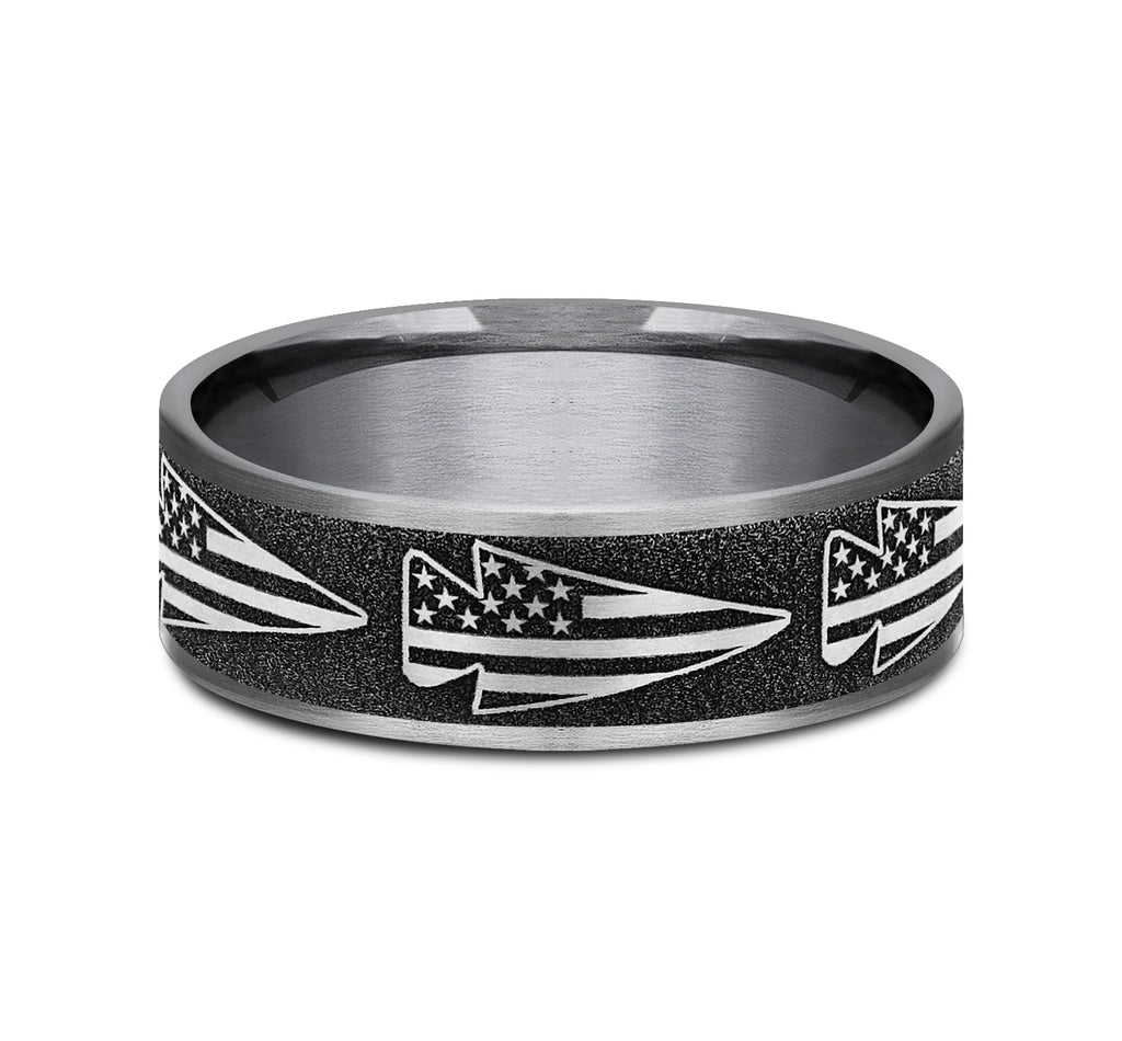THE AMERICAN 7.5mm, Comfort fit, Grey Tantalum and Grey-Black Titanium, American flag arrow design, thin edges