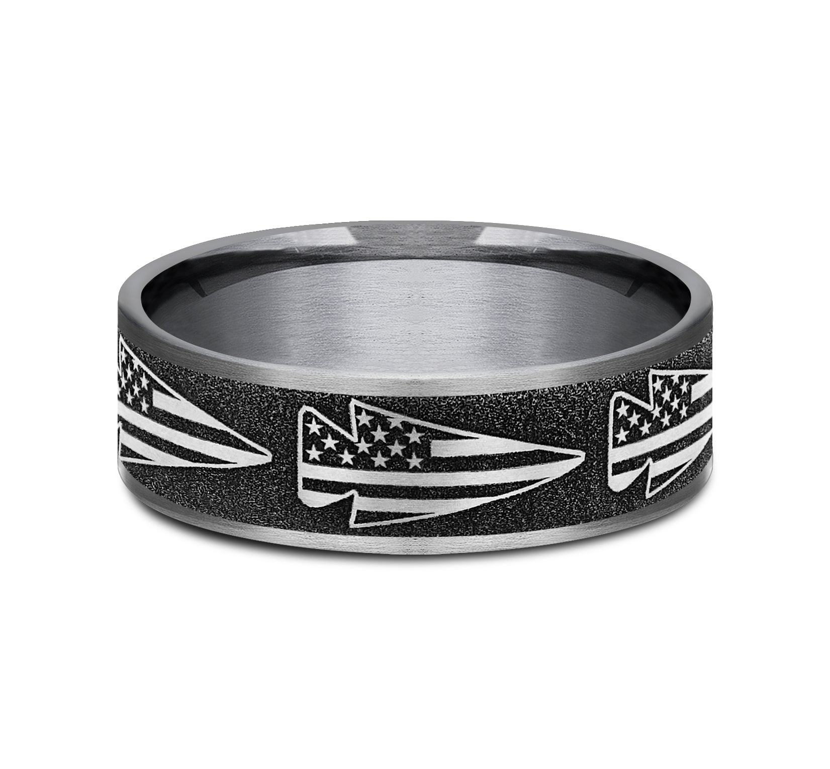 THE AMERICAN 7.5mm, Comfort fit, Grey Tantalum and Grey-Black Titanium, American flag arrow design, thin edges