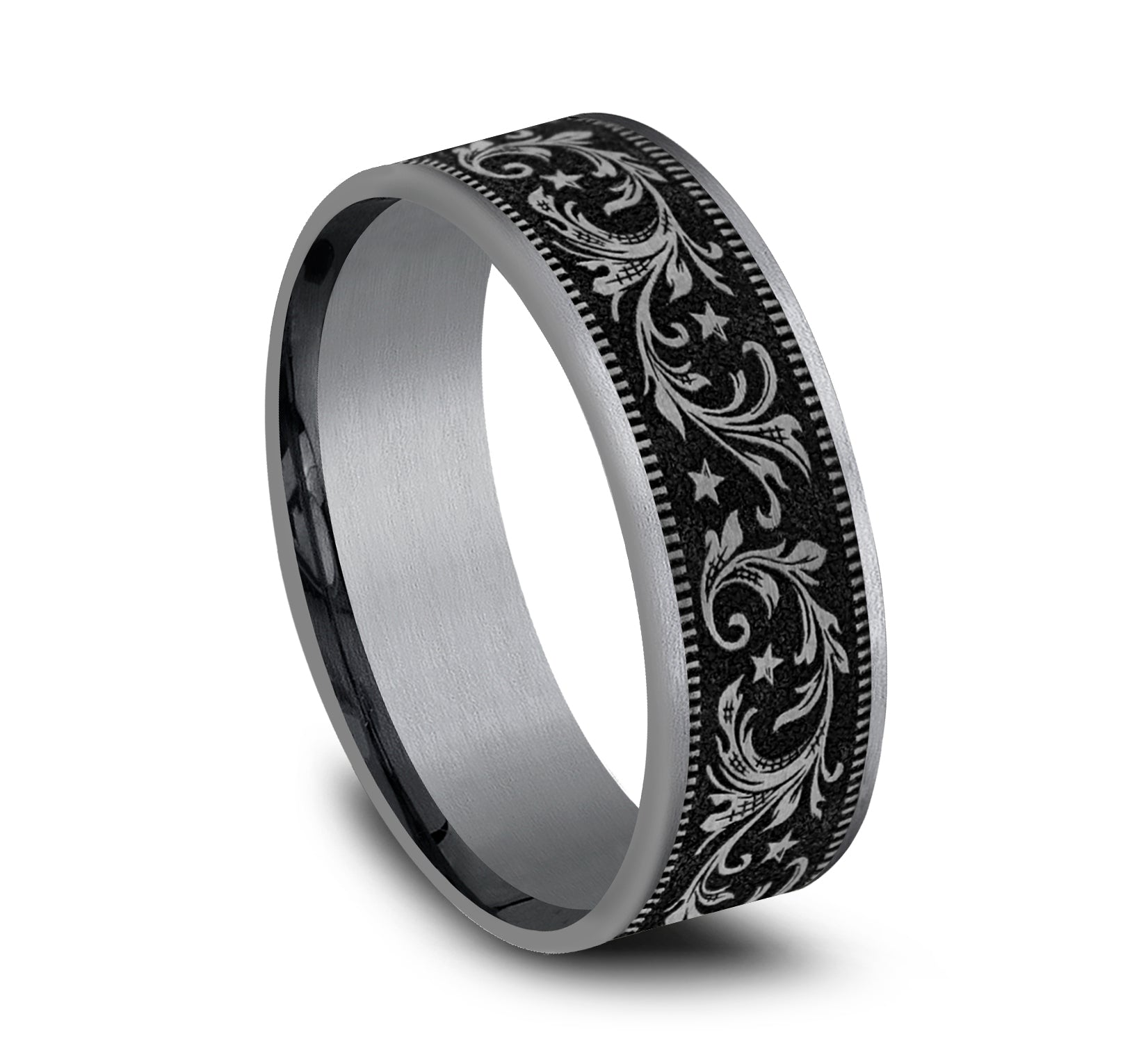 THE SPUR 7.5mm, Comfort fit, Grey Tantalum and Grey/Black Titanium, Barrel script pattern, thin edges